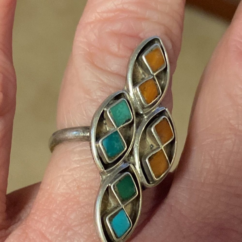 Vintage Southwestern Navajo Turquoise Coral & Sterling Silver Old Pawn Ring - Picture 13 of 14